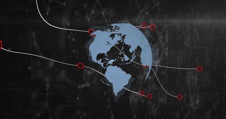 Rotating dotted globe showing network links in data matrix, with white curved lines, red nodes