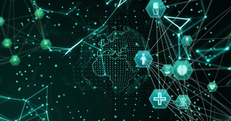 Rotating dotted globe in cyberspace network data points, with hex nodes user, padlock health icons