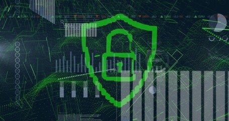 Floating green shield displaying padlock icon over dashboard, with bar charts and network grid