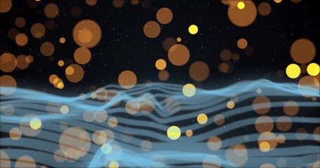 Displaying abstract light-blue waveform patterns rippling over dark void, with glowing bokeh lights