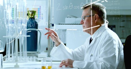 Pointing scientist wearing lab coat, glasses solving math on glass board with glassware, copy space