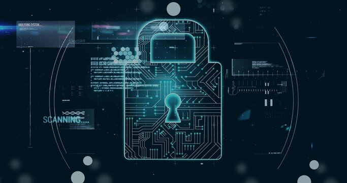 Projecting padlock icon scanning security interface with circuit honeycomb, SCANNING text overlay