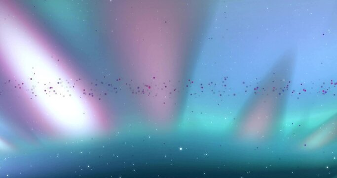 Naklejki Glowing aurora-like light ribbons dancing across stylized outer-space realm, with star-like specks