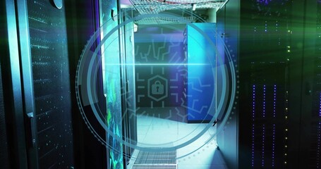 Holographic padlock icon and interface overlay illuminating data center corridor, with server racks