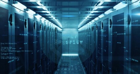 Casting cool blue glow on narrow data center corridor, with server racks and digital code overlay