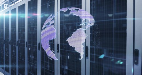 Projecting holographic globe floating above server racks inside data center, with status LEDs