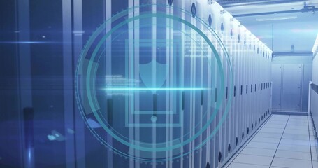 Projecting holographic shield symbol floating in cooling data center corridor, with server racks