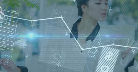 Holding documents, businesswoman in jacket analyzing financial data overlays in office, copy space