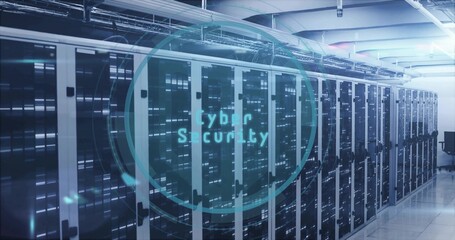 Operating server rack cabinets displaying blinking LEDs in data center aisle, cybersecurity overlay