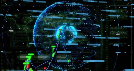 Displaying holographic globe in futuristic dashboard, with line charts and code panels