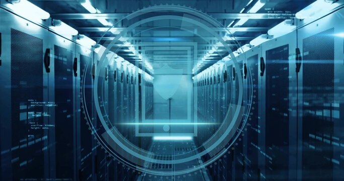 Displaying smartphone icon HUD over server cabinet corridor under LEDs, with code fragments