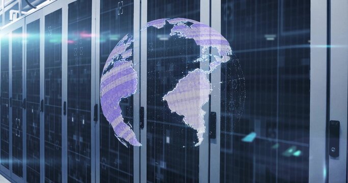 Projecting holographic globe floating above server racks inside data center, with status LEDs