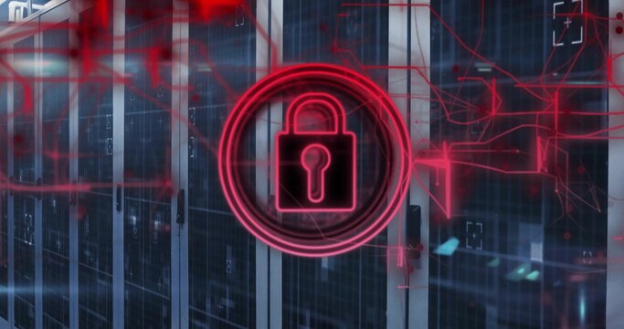 Projecting red circuit overlay around glowing padlock icon in data center aisle, with server racks
