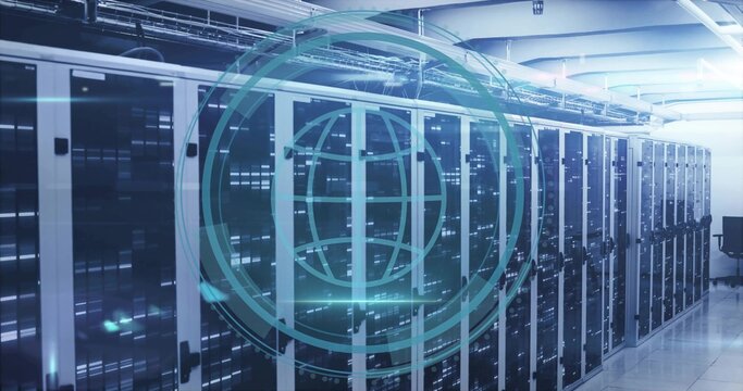 Hovering holographic globe overlay inside data center corridor, with server racks, chair