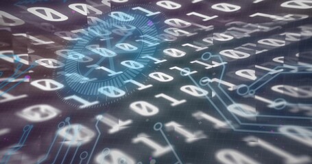 White binary digits receding along grid in cyberspace with circuit traces, HUD and magenta dots