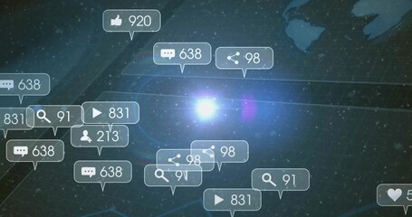 Displaying icons floating over network grid, showing interaction counters, globe and light flare