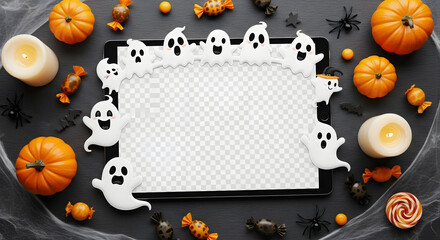 Professional Tablet Mockup – Ghost Frame, Pumpkins, Candies, and Halloween Accents