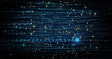 Scattering glowing blue and gold particles across binary code lines in digital network, futuristic