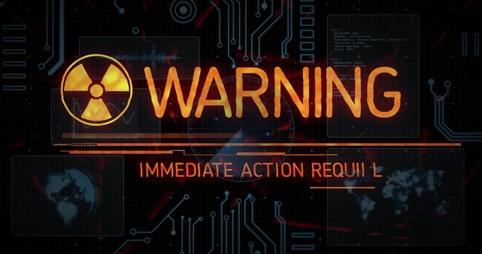 Showing WARNING graphic on HUD with radiation icon, IMMEDIATE ACTION subheader and circuit traces - Powered by Adobe