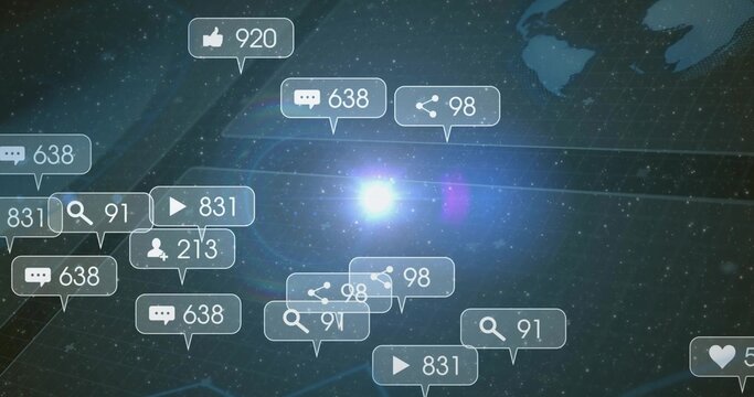 Displaying icons floating over network grid, showing interaction counters, globe and light flare