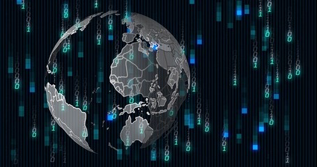 Revealing 3D globe unfolding in cyber interface and cascading binary streams showing blue region