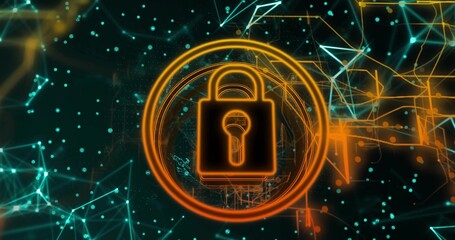 Securing orange padlock glowing within circular ring, scanning turquoise network nodes