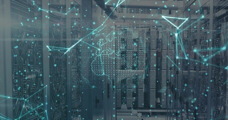 Displaying central server racks showing digital network overlay in data center, with data cables