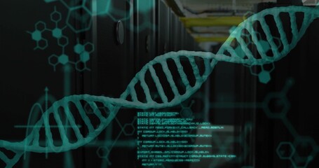 Floating digital DNA helix over data center aisle with server racks cable trays and code snippets