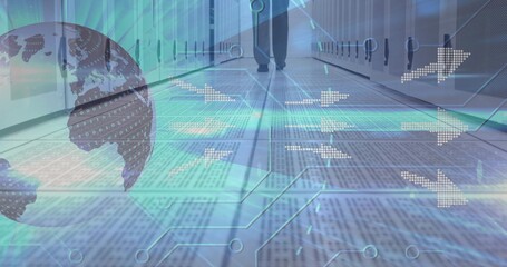 Walking adult male wearing shoes in server racks corridor, with globe and binary code overlays