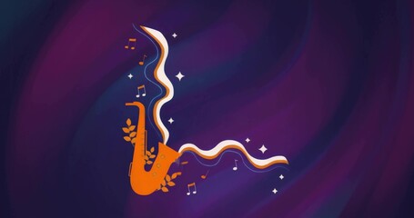 Emitting wavy tricolor ribbon, leaves, sparkles and notes from orange saxophone in dark gradient
