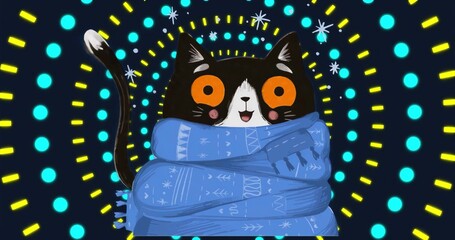 Obraz premium Peeking black and white cat wearing blue scarf in digital art, with radial dot dash background
