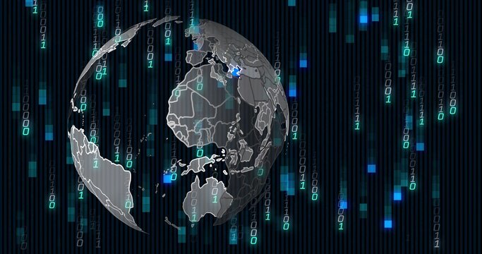 Revealing 3D globe unfolding in cyber interface and cascading binary streams showing blue region - Powered by Adobe