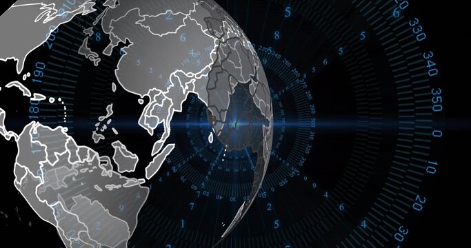 Naklejki Displaying digital Earth globe in data display, with radial grid lines, numbers, blue lens flare