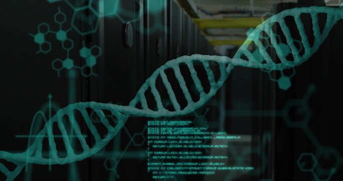 Floating digital DNA helix over data center aisle with server racks cable trays and code snippets - Powered by Adobe