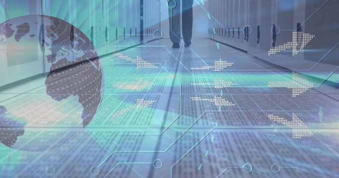 Walking adult male wearing shoes in server racks corridor, with globe and binary code overlays