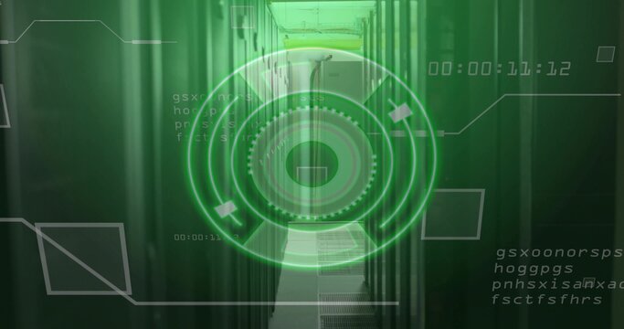 Projecting green HUD with digital code over data center corridor, with server racks, switches
