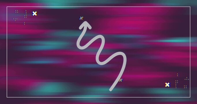 White zigzag arrow ascending on digital canvas with decorative crosses dot clusters and white frame - Powered by Adobe