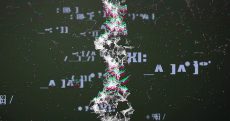 Rotating vertical column showing linked nodes in digital environment, with RGB glitch effects