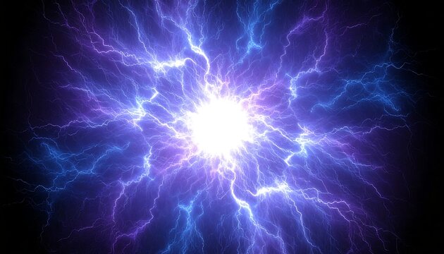 A glowing white core explodes outwards into vibrant blue and purple lightning-like energy against a black background