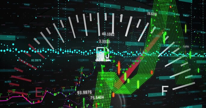 Displaying green upward arrow and gauge on digital dashboard with candlesticks and magenta graph