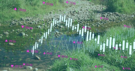 Overlaying financial candlestick bars over creek bed, with pebbles, green line, magenta markers