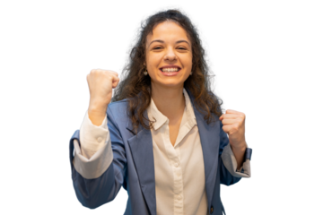 Young businesswoman celebrating victory, expressing joy and enthusiasm with raised fists, isolated on transparent background