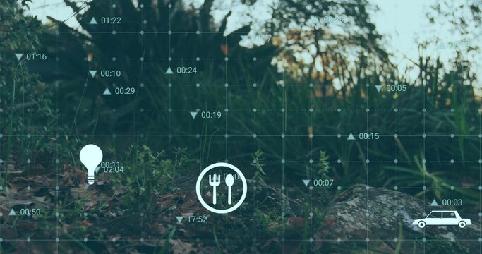Displaying cutlery icon overlaying data grid on forest floor with lightbulb and car icons
