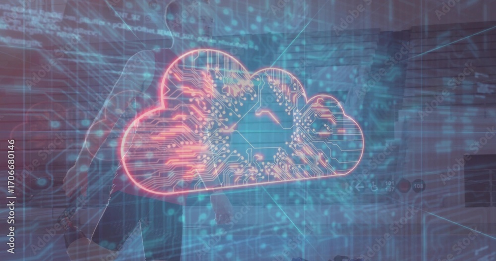 Wall mural floating red cloud icon showing circuit lines in virtual space with grid-lines, floating code