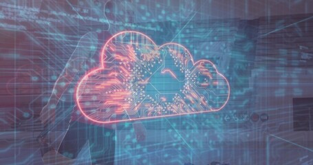 Floating red cloud icon showing circuit lines in virtual space with grid-lines, floating code