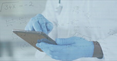 Showing blue gloved hands holding digital tablet with lab coat in lab, overlaying math equations