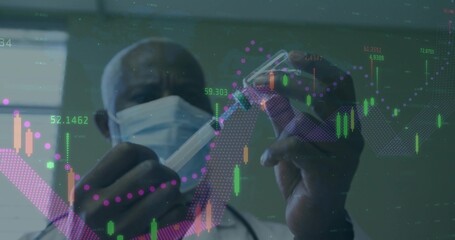 Scientist holding pipette and vial wearing labcoat and surgical mask in lab over candlestick charts