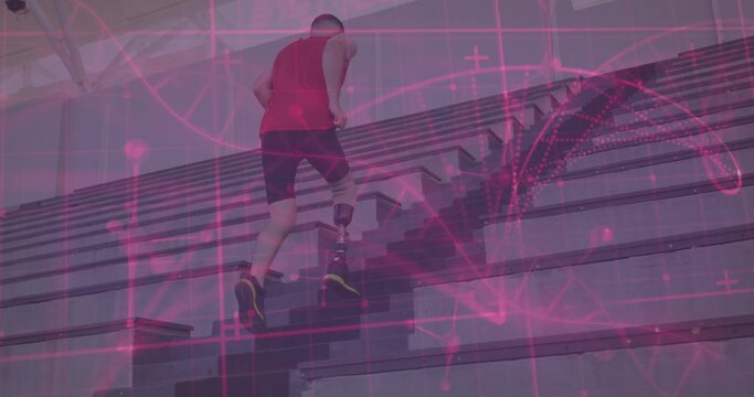 Sprinting male athlete climbing stadium steps, with prosthetic leg and running shoes
