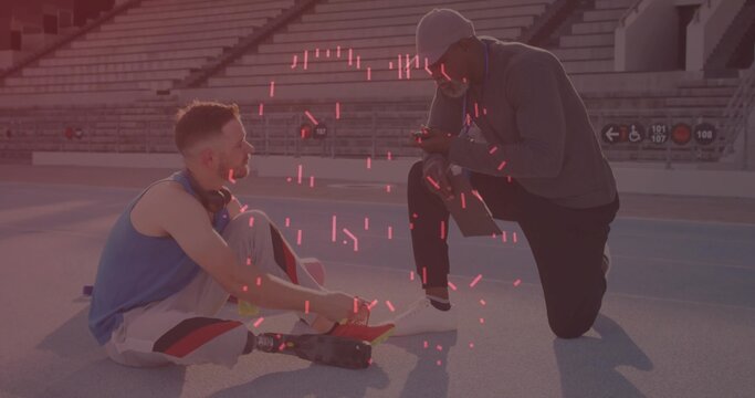 Adjusting athlete fitting running blade on stadium track, coach holding clipboard, copy space - Powered by Adobe