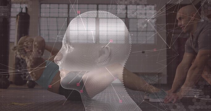 Hovering 3D wireframe head analyzing plank exercise in gym, with woman and coach in sportswear